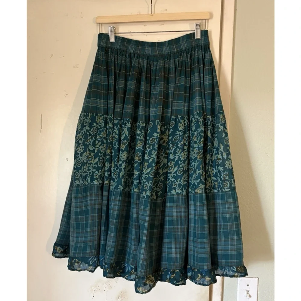 Cottagecore Teal Patchwork Midi Skirt S/M Plaid Floral Ruffle Prairie Boho